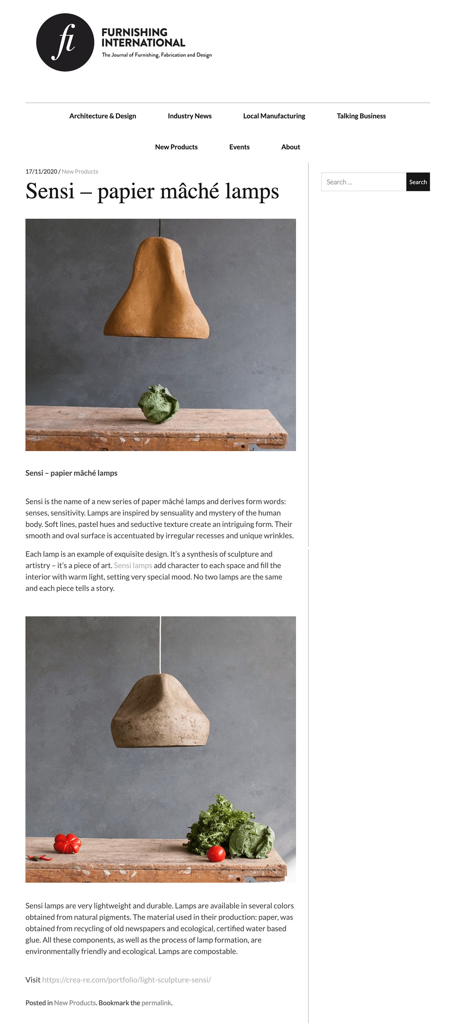 article in the press with crea-re studio paper mache lamps