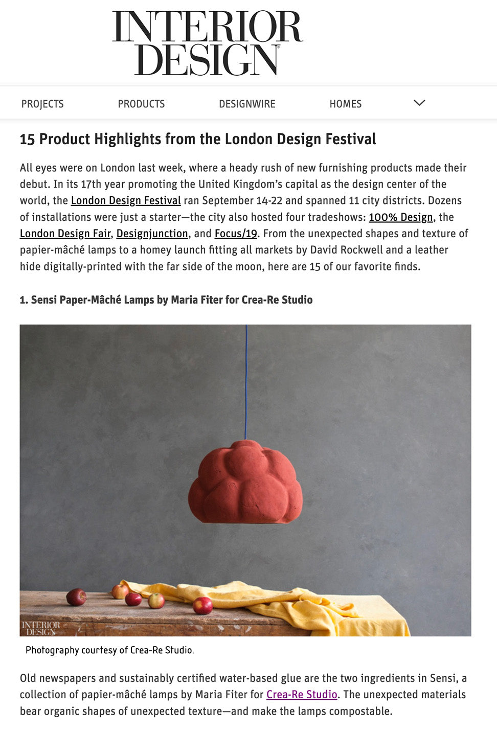 article in the press with crea-re studio paper mache lamps