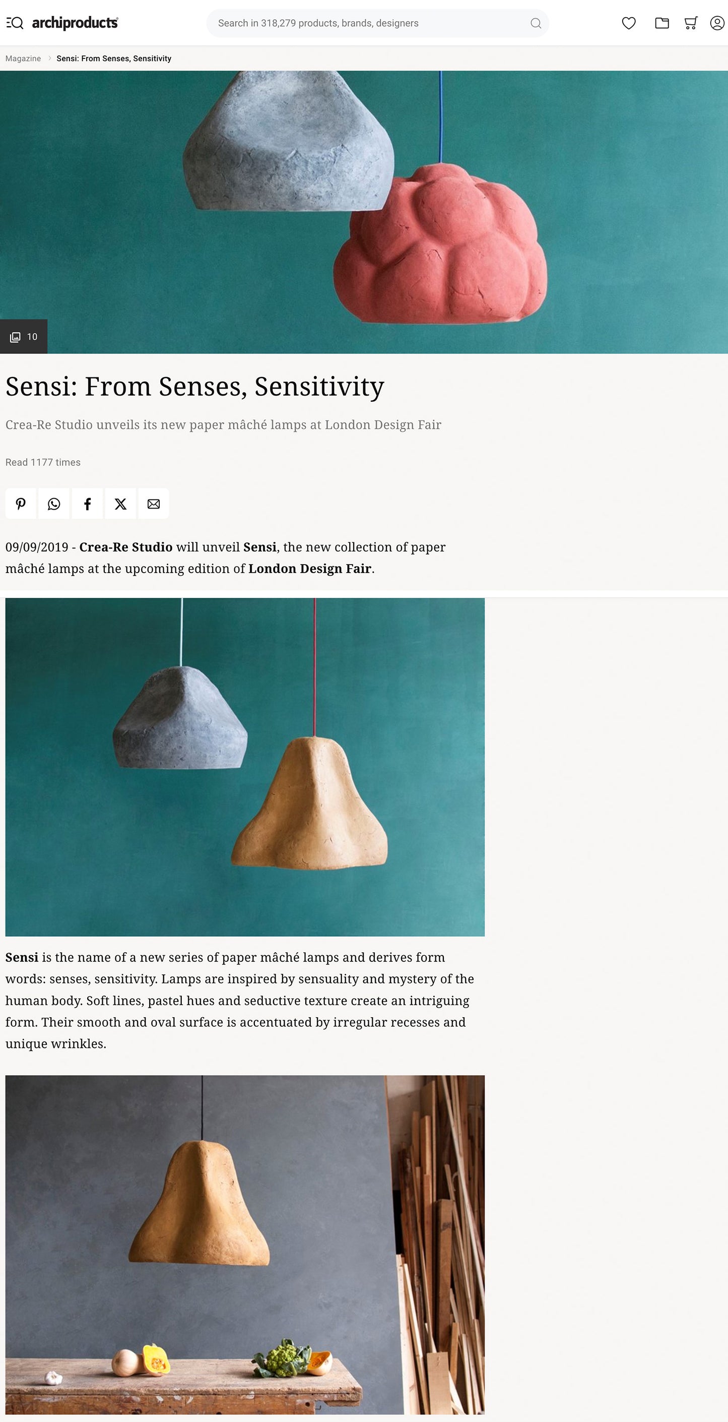 article in the press with crea-re studio paper mache lamps